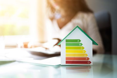 model house with ecology rating chart on desk